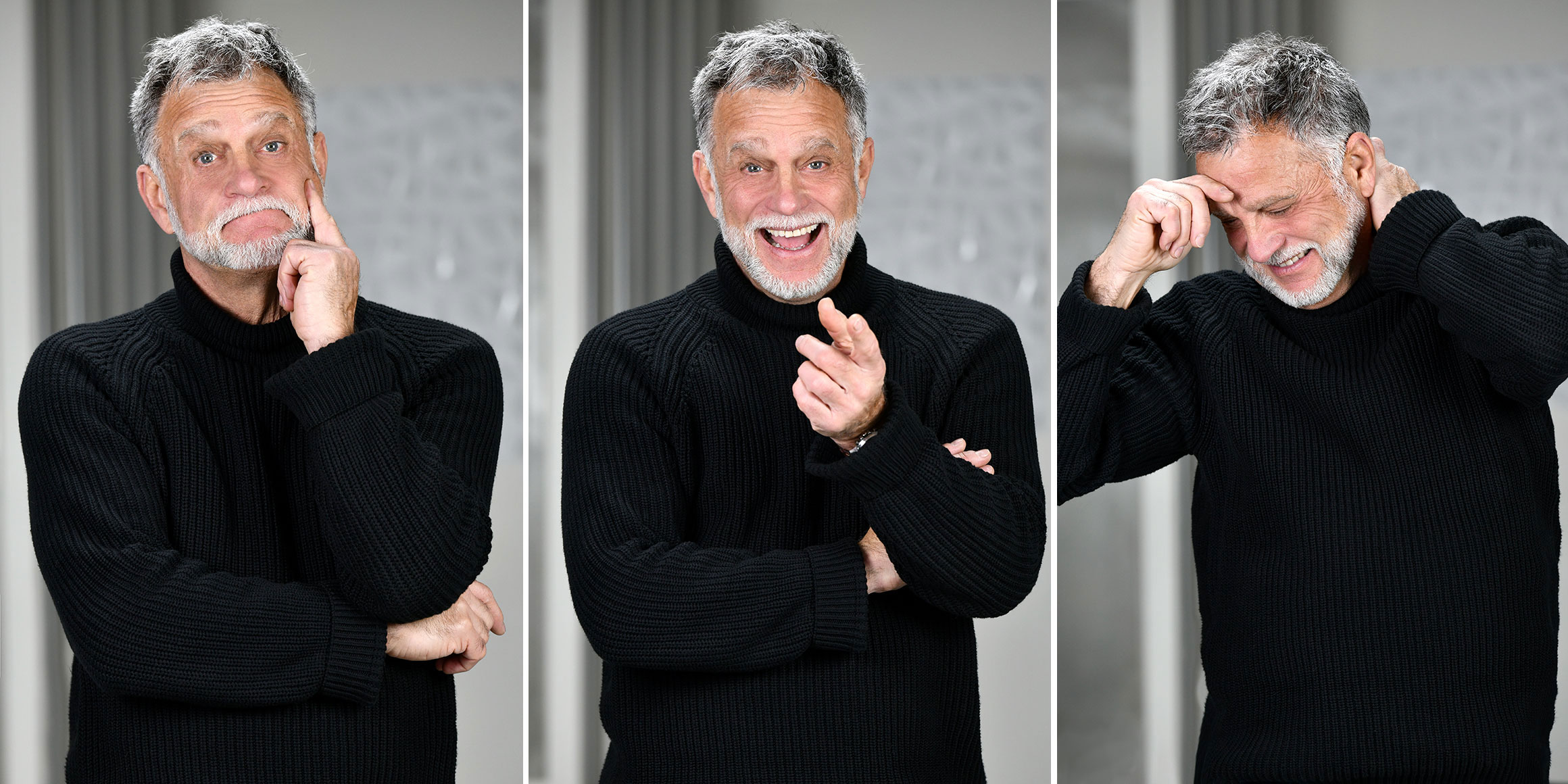 Bestager-, Classic-, Senior-, 50+ Model Michael Diehl Fotomodell aus Esslingen bei Stuttgart mit lustigen Gesichtsausdrücken 01