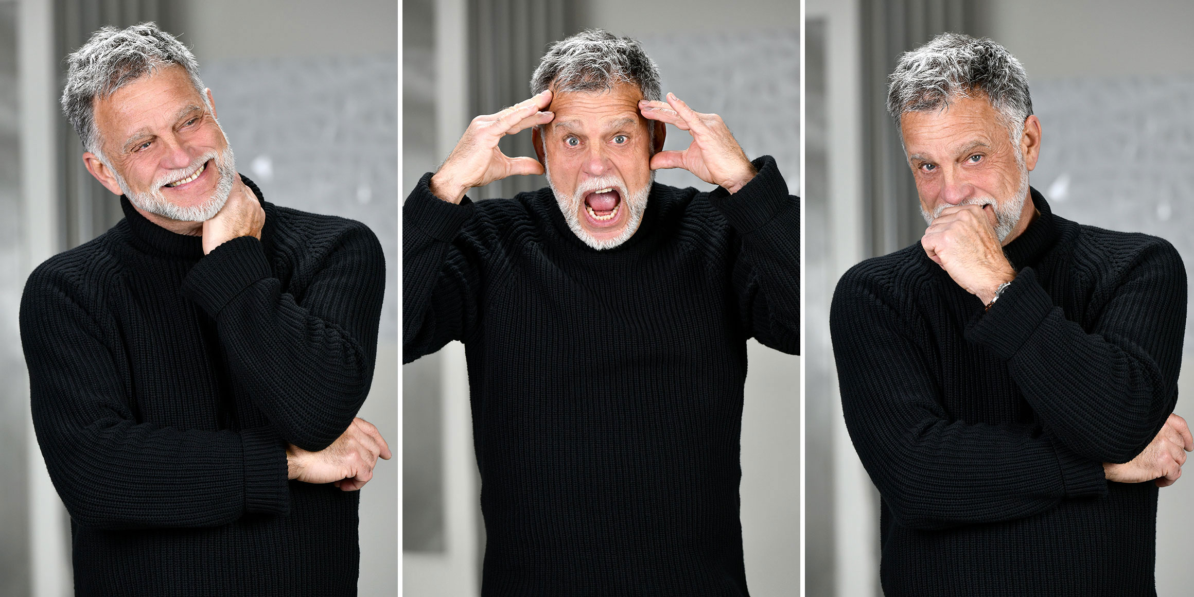 Bestager-, Classic-, Senior-, 50+ Model Michael Diehl Fotomodell aus Esslingen bei Stuttgart mit lustigen Gesichtsausdrücken 16